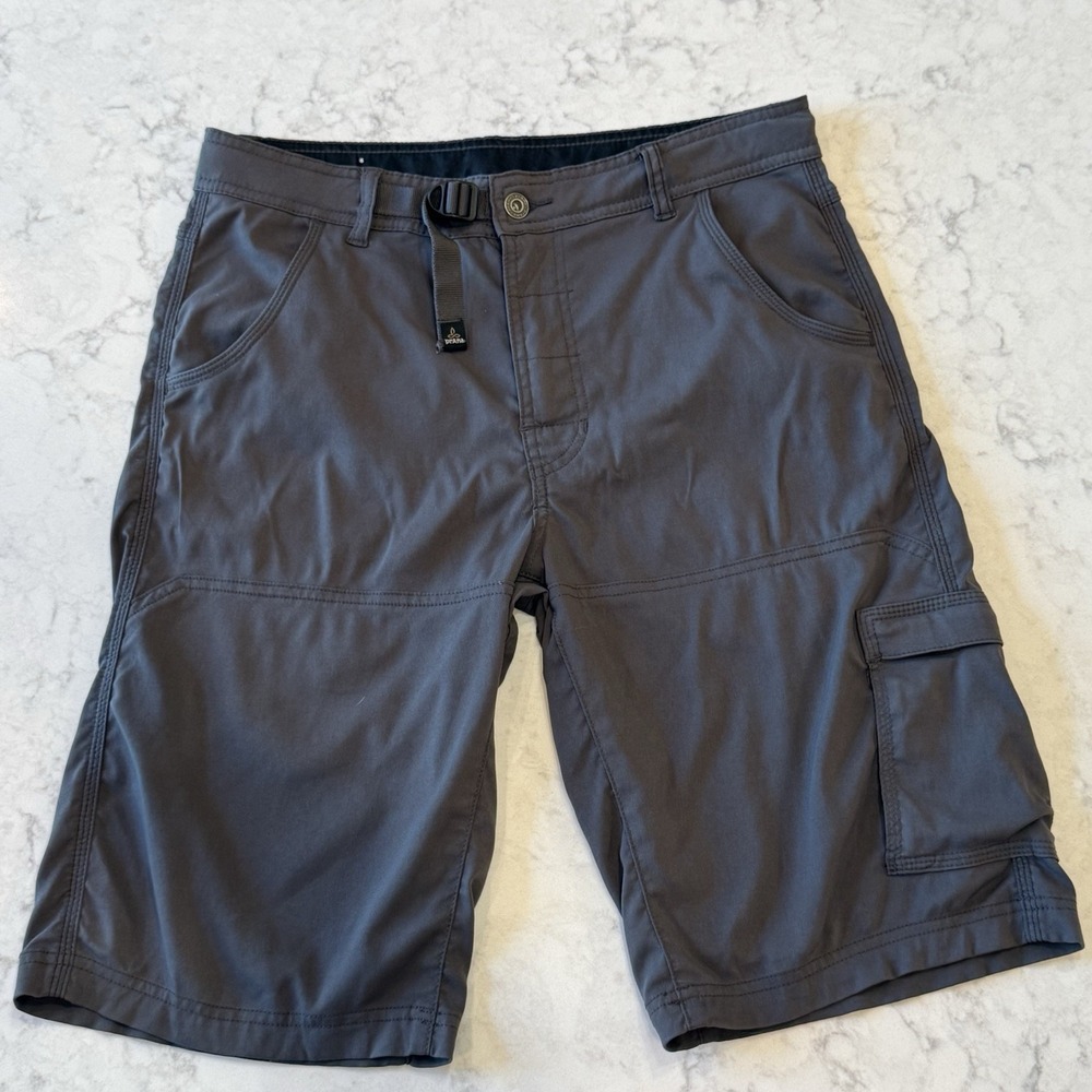 Prana Zion Men Khaki Tan Stretch Nylon Cargo Hiking Shorts Size S Built-in Belt